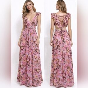 Women's Floral Corset Lace Up Open Back Maxi Dress Large Ruffle Garden Boho Chic